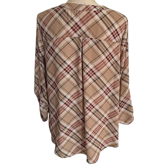 Cato, Lg, Plaid Pullover Blouse, 3/4 Roll Tab Sleeve, Gold 1/4 Zip V Neck, NWOT - Picture 5 of 6